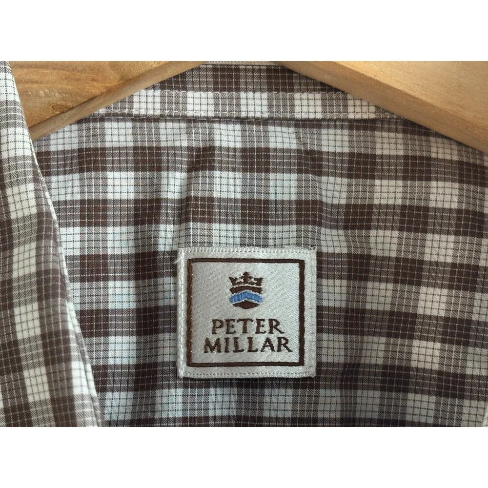 Peter Millar Long‎ Sleeve Button Down Shirt Mens Large Plaid Brown L